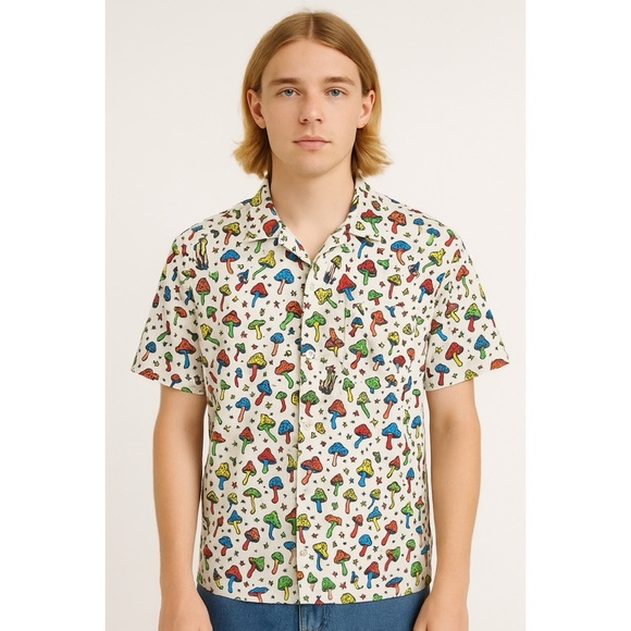 A-Lab Shroomie White Short Sleeve Button Up - Picture 1 of 6